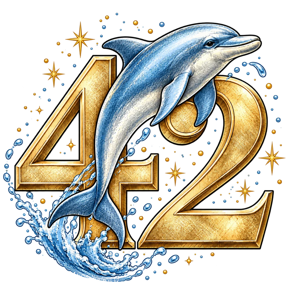 42, dolphins and the Guide — colorized engraved illustration