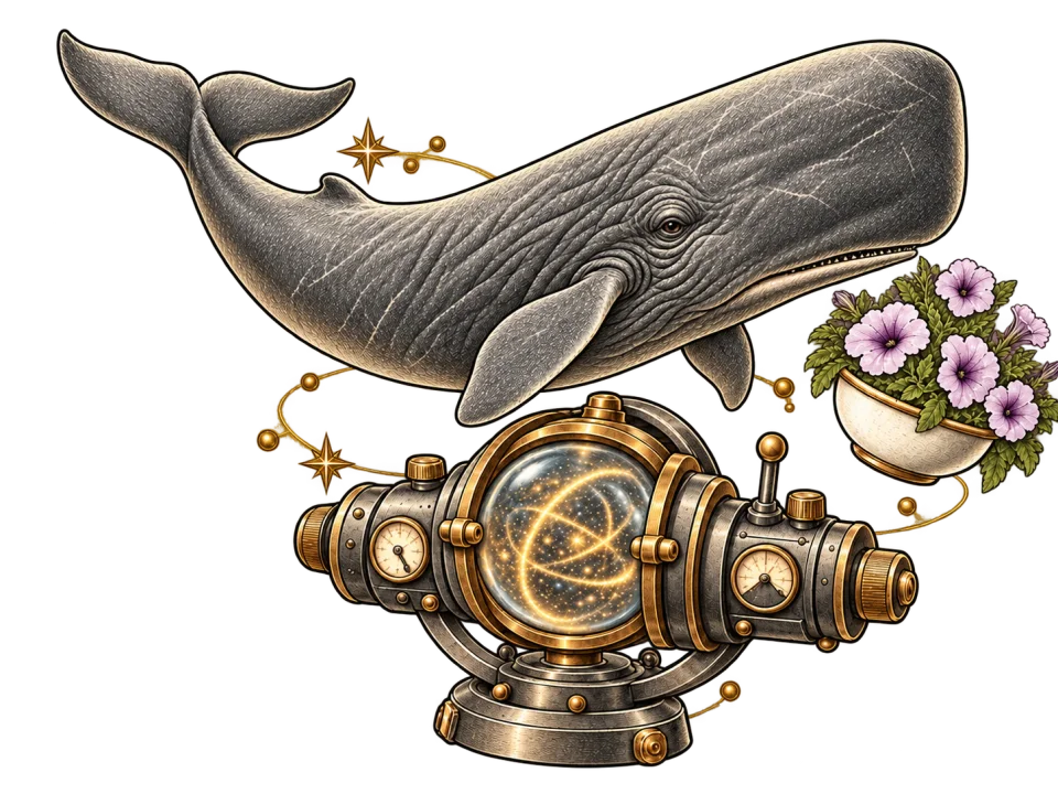 An Improbability Drive with a floating sperm whale and a bowl of petunias