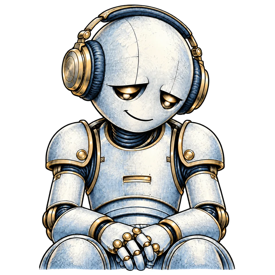 Marvin wearing headphones with a wry smile