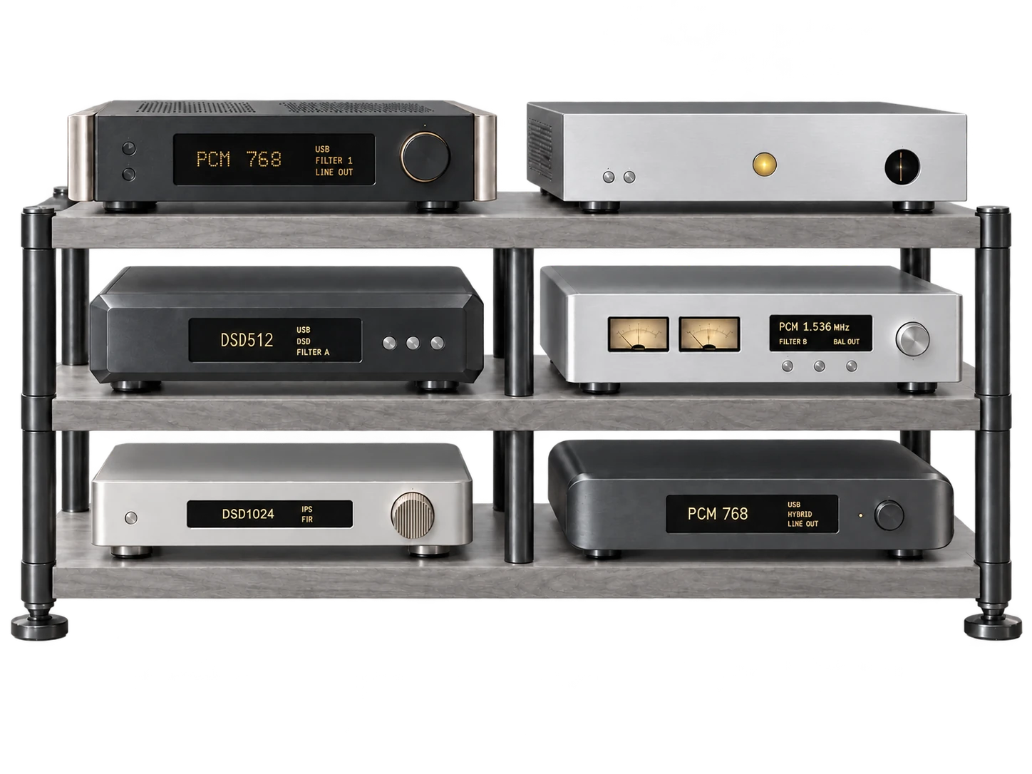 Audio components on a rack