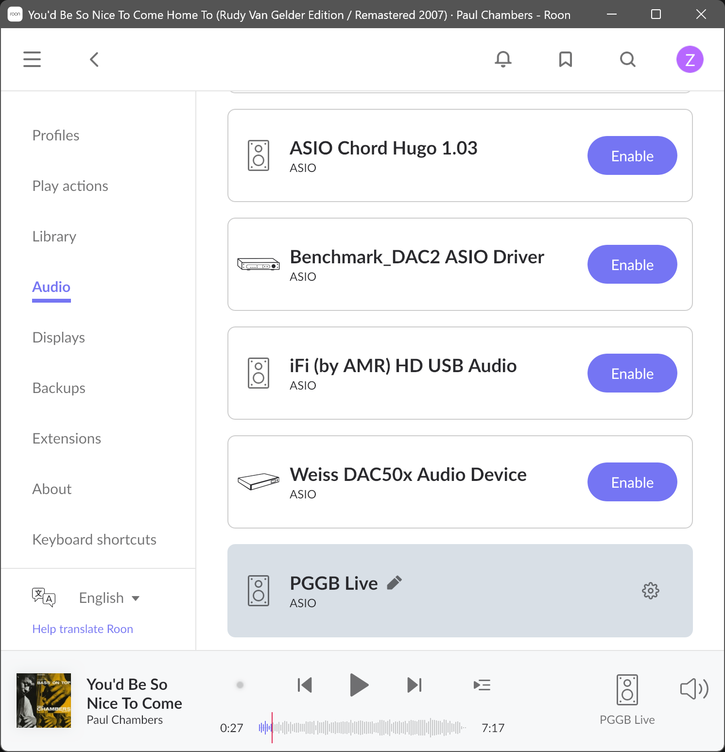 PGGB Live listed as an ASIO audio device in Roon on Windows.