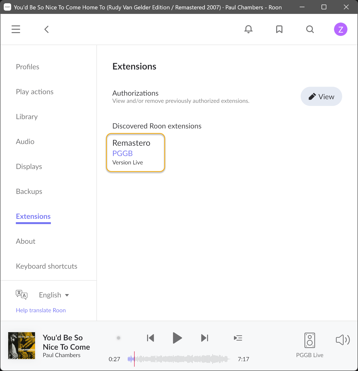 PGGB listed under Remastero in Roon Extensions settings.