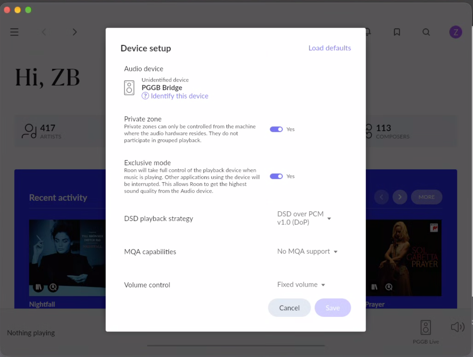 Roon on Mac: PGGB Bridge Device setup with Exclusive mode enabled