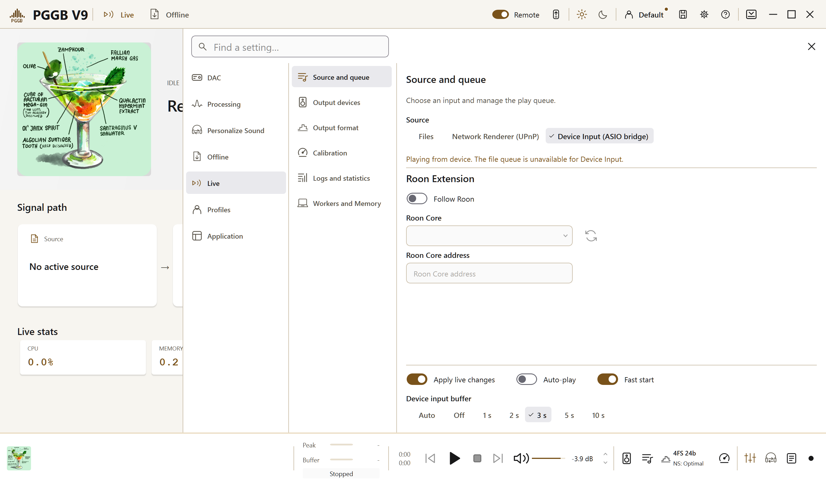 PGGB Source and queue with Device Input selected, before enabling Follow Roon.