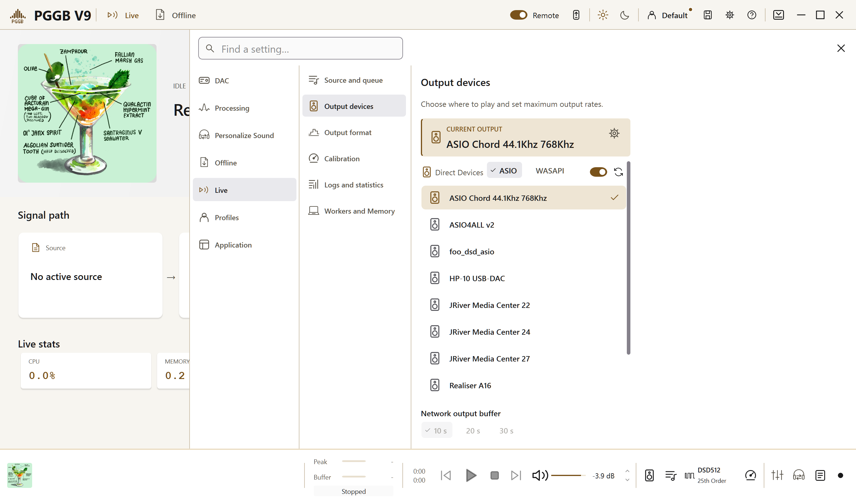 PGGB Settings: live devices. Current Windows application, idle.