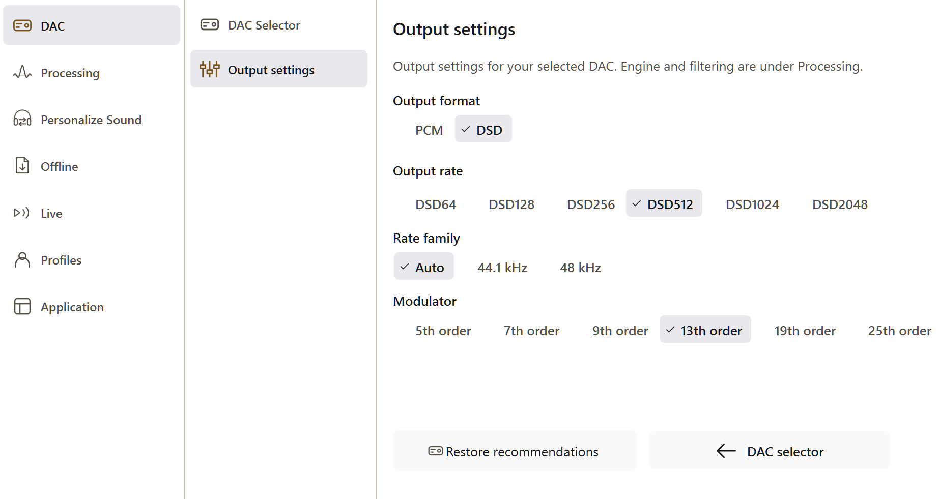 PGGB Settings: dac settings. Current Windows application, idle.